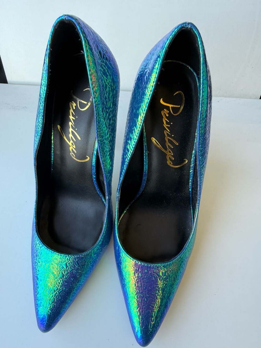 Privileged Verge Iridescent Mermaid Blue and Gold Stiletto Pumps